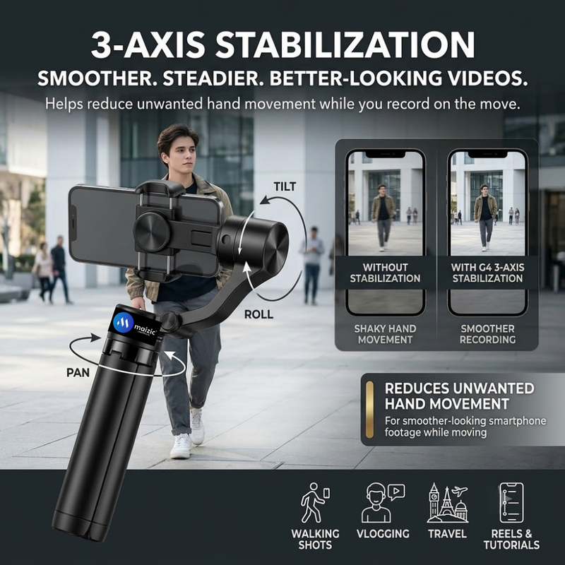 Maizic Smarthome Gimbal Camera G4 Smartphone Gimbal Stabilizer with AI Face Tracking, Grip Tripod, FPV Mode, Time-Lapse & Up to 12 Hours Battery, Handheld Phone Stabilizer for Vlogging & Reels – Black