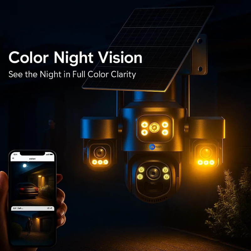 Renewed Maizic Smarthome Ultragenie 4G Solar 5MP×3 FHD 3 Lens/3 Screen AI Triple PTZ Outdoor CCTV Camera | 360° View | Color Night Vision | Human Detection | 2-Way Audio | IP66 Waterproof