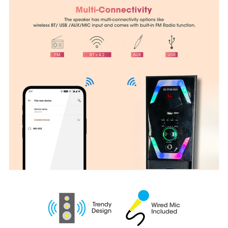 DJ Star Boy Tower Speaker - Powerful Sound, Elegant Design | Bluetooth, USB, FM Radio | Karaoke Mic Included