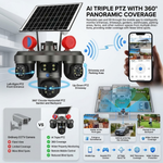 Maizic Smarthome TRIGENIE Siren 4G Solar Outdoor Security Camera | 15MP Triple Lens (5MP×3), Triple Screen Live View, 360° AI PTZ, Active Siren, Color Night Vision, Human Detection, Two-Way Audio, IP66