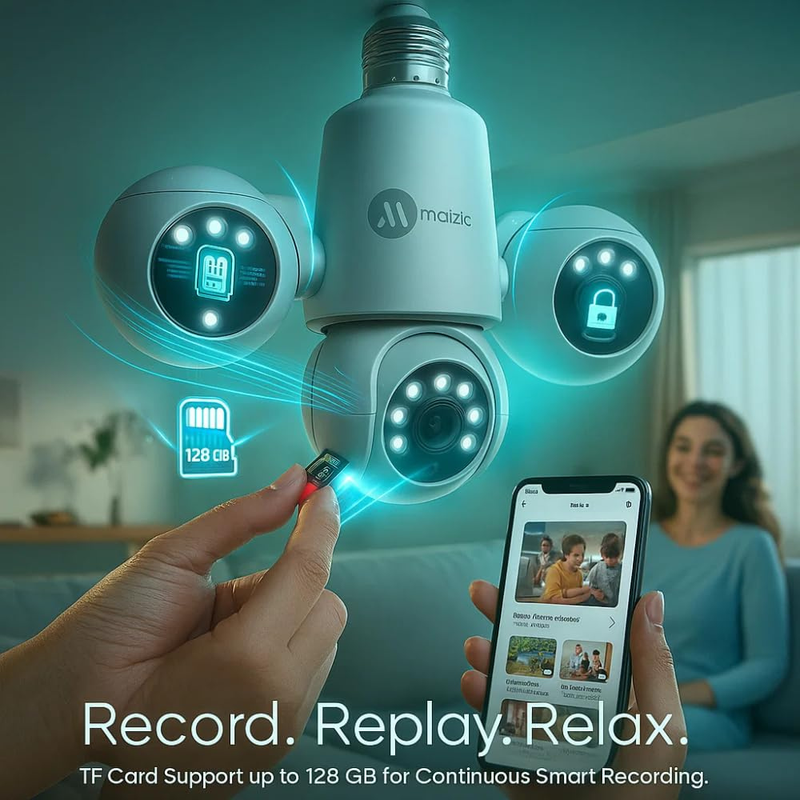 Maizic Smarthome Trion Bulb 5+5+5MP FHD Triple Lens WiFi CCTV Camera | Manual Side Rotation | 360° View | Color Night Vision | AI Human Detection | Two-Way Audio | Indoor Security | TF Card Support