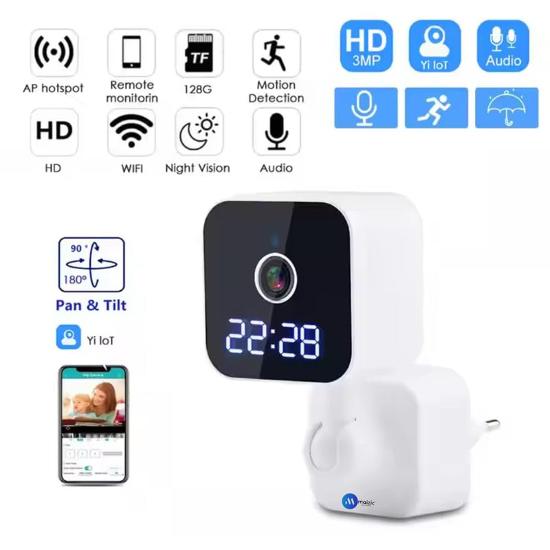 Maizic Smarthome 3MP FHD WiFi Clock Camera | Plug & Play Indoor CCTV with Color Night Vision, Motion Detection, Two-Way Talk, Multi-User Access & 128GB SD Card Support