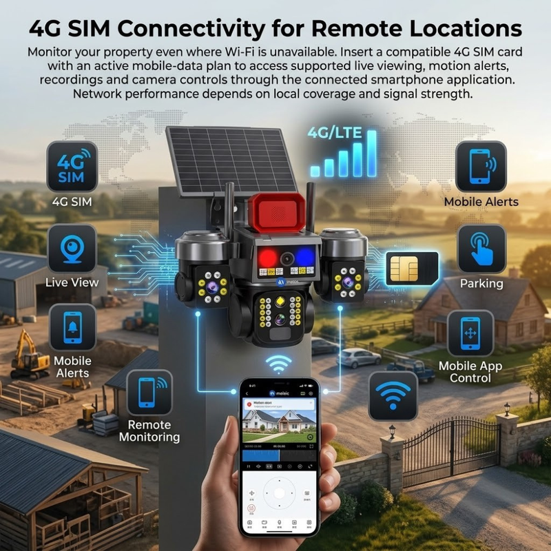 Maizic Smarthome Batman Siren 4G Solar CCTV Camera | 9MP (3×3MP) Triple Lens Outdoor Security Camera | 3-Screen View | AI Human Detection | Color Night Vision | Two-Way Audio | IP67 Waterproof | Remote Mobile Monitoring