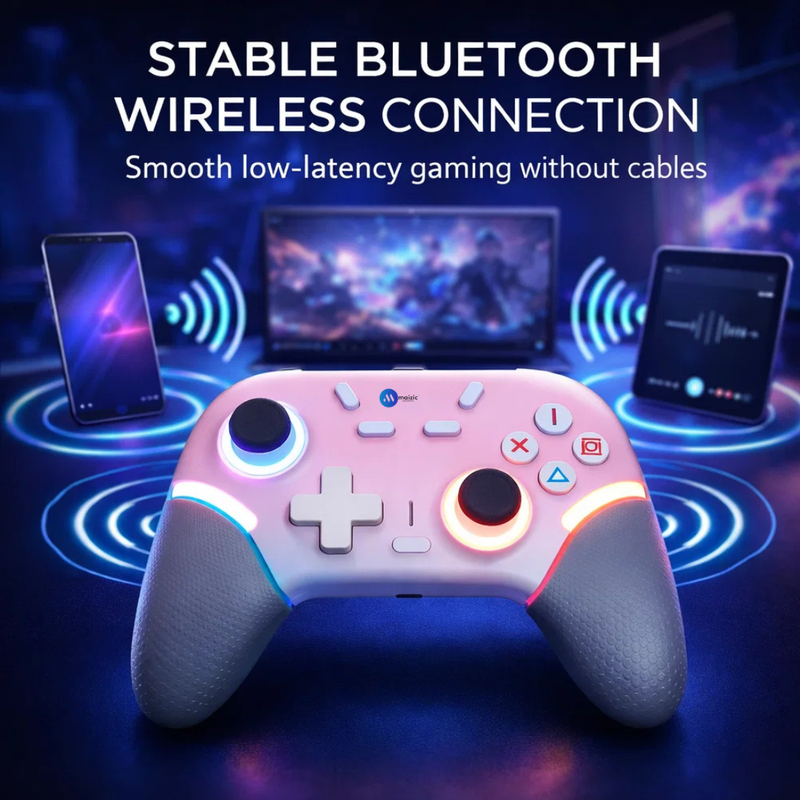 Maizic Smarthome Play X9 Wireless Bluetooth Gaming Controller | Dual Vibration, 6-Axis Gyroscope, RGB LED Joystick, 800mAh Battery| Compatible with Android, iOS, Windows PC, P3, P4 & Switch (Pink)
