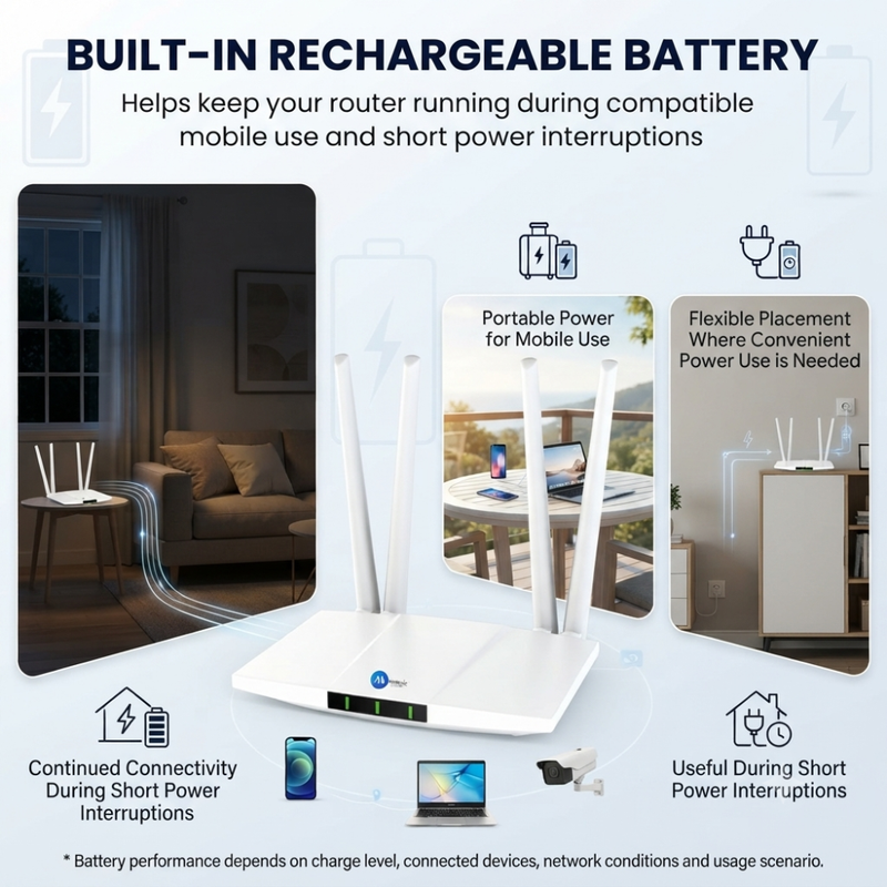 Maizic Smarthome 5G/4G CPE SIM WiFi Router with 4 Antennas, 300Mbps Speed, Rechargeable Built-in Battery, Up to 32 Users, 250m Coverage, Plug & Play Router for NVR, DVR, WiFi CCTV, Home & Office