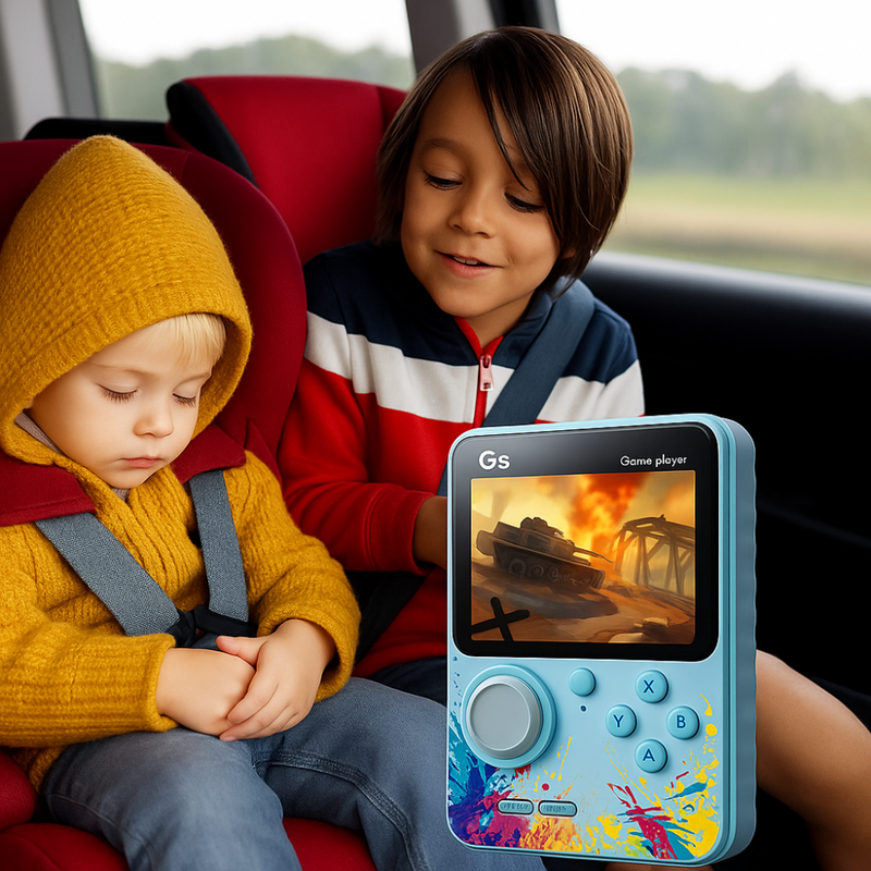 Maizic Smarthome G5 Blue Retro Handheld Game Console with 500 built-in games, 3-inch screen, TV connection, and rechargeable battery. Ideal gift for kids and classic game fans.
