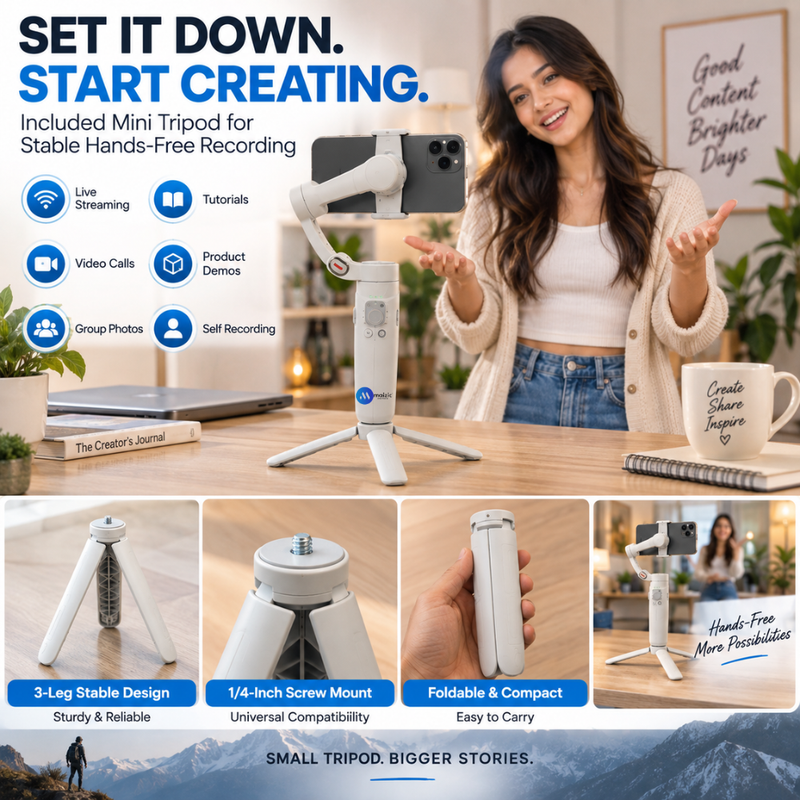 Maizic Smarthome M1 3-Axis Phone Gimbal Stabilizer with Face & Object Tracking, 5-8H Runtime, 2500mAh Battery, Foldable Tripod, Bluetooth, Time-Lapse & Zoom for Vlogging