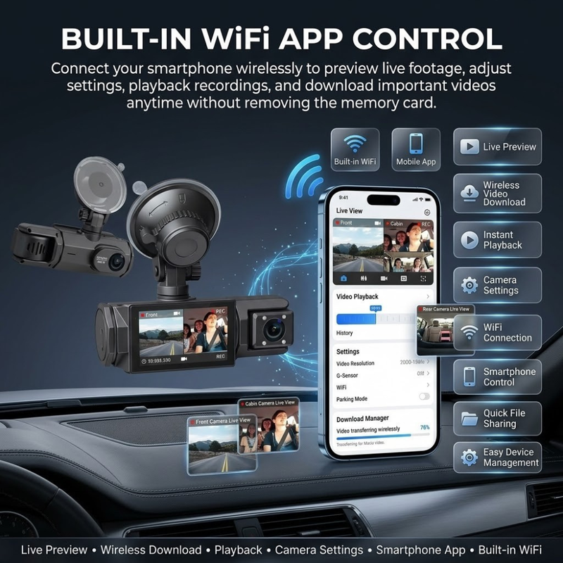 Maizic Smarthome Triplex WiFi Car Dash Cam | 3-Channel Front, Cabin & Rear Camera | 1296P Front + Dual 1080P Recording | G-Sensor | IR Night Vision | Loop Recording | 24H Parking Monitor