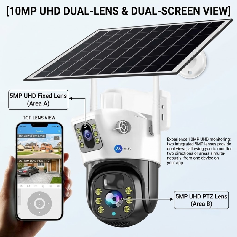 Maizic Smarthome Supercam 4G Solar CCTV Camera for Home & Office, 10MP (5MP+5MP) Dual Lens Outdoor Security Camera, Dual Screen View, AI Human Detection, Color Night Vision, Two-Way Audio, IP66 Waterproof