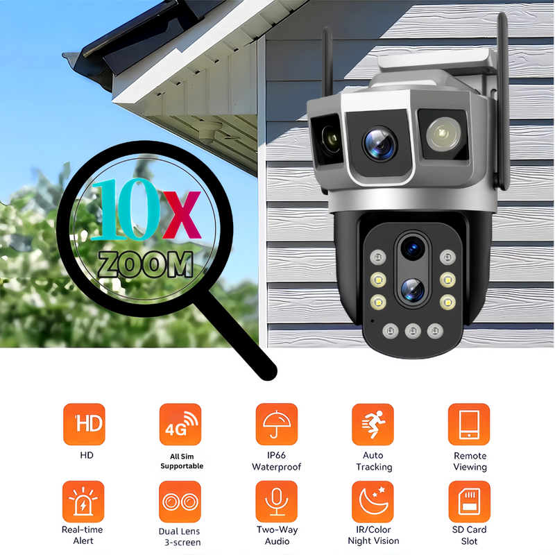Tricam 10X Optical Zoom 5+5 MP UHD 4G/5G Sim Outdoor CCTV Camera For Home