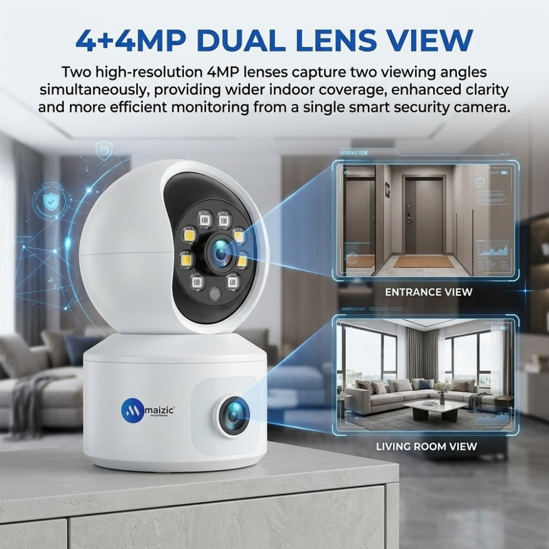 Maizic Smarthome SuperCam 4G Indoor Security Camera | 4+4MP Dual Lens Full HD CCTV Camera Without WiFi | Dual Screen Live View, AI Motion Detection, Color Night Vision, Two-Way Audio, Remote Mobile Access, Supports Up to 128GB microSD