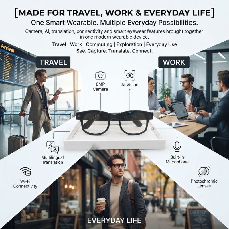 Maizic  Smarthome AI G1MAX Smart Glasses with 8MP Camera – AI Vision, Multilingual Translation, Wi-Fi, HD Video Recording, Built-in Mic & Photochromic Lenses
