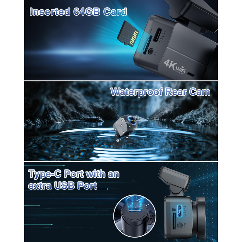 Maizic Smarthome 4K Front & 1080P Rear Dual Dash Cam for Car, Built-in WiFi, Voice Prompts, Super Night Vision, 64GB SD Card Support, 24H Parking Monitoring, G-Sensor & Loop Recording