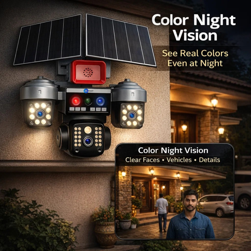 Maizic Smarthome Batman Siren 4G Dual Solar Panel Outdoor CCTV Camera | Triple (Lens/Screen) 5MP×3 UHD | Manual Side Cameras Rotation | 360° View | Color Night Vision | 2-Way Audio | Motion Detection