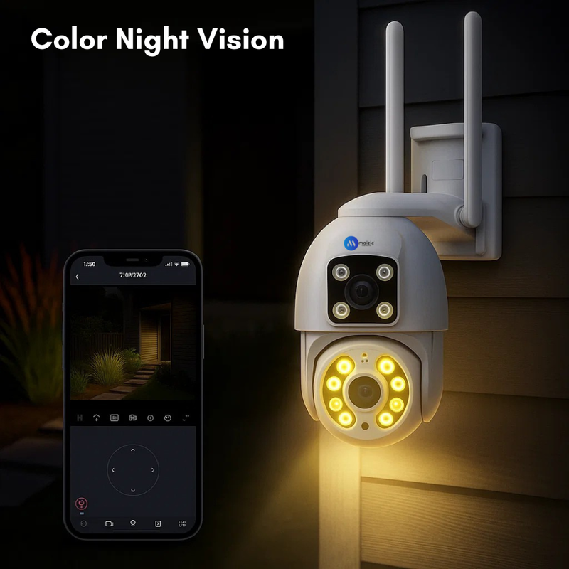 Maizic Smarthome SuperCam Dragonfly 5+5MP UHD Dual Lens/Screen WiFi Outdoor CCTV Camera for Home | Color Night Vision | Human Detection | Two-Way Audio | IP66 Waterproof Security Camera