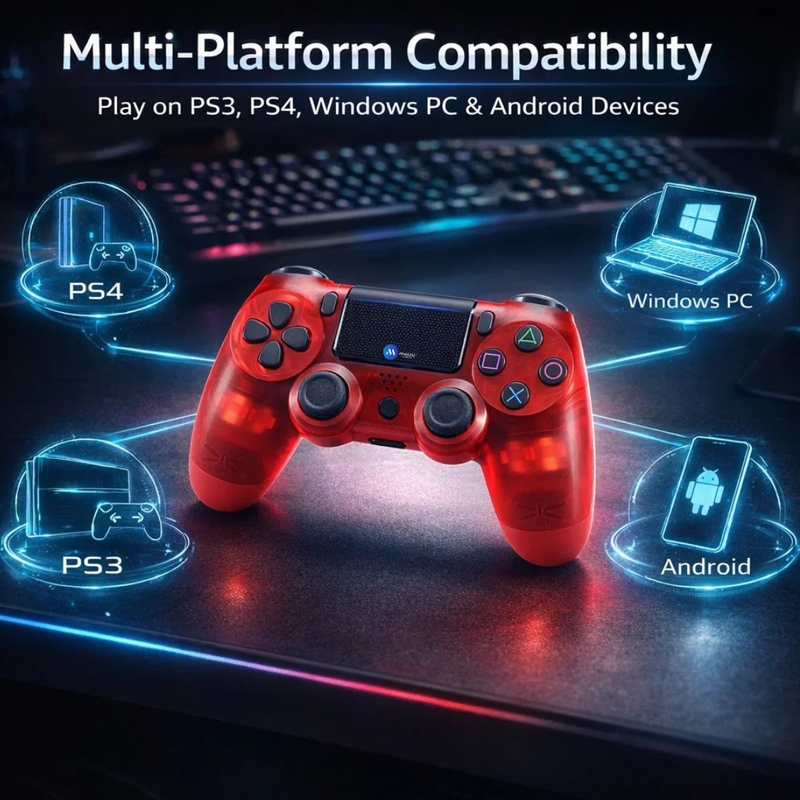 Maizic Smarthome Funnetic P4 Wireless Gaming Controller, Transparent Red Gamepad with Dual Vibration Motors, Touch Pad, 800mAh Battery, 3.5mm Headset Jack & Plug-and-Play Support – Compatible with P3, P4, Windows PC & Android