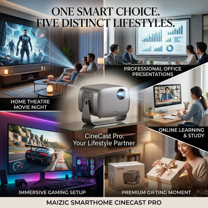 Maizic Smarthome CineCast Pro Smart WiFi Projector | Native 1080P Full HD | 4K Support | 18000 Lumens | Auto Focus & Auto Keystone | 170-Inch Home Theatre | Bluetooth 5.2 | Miracast | HDMI, USB, RJ45