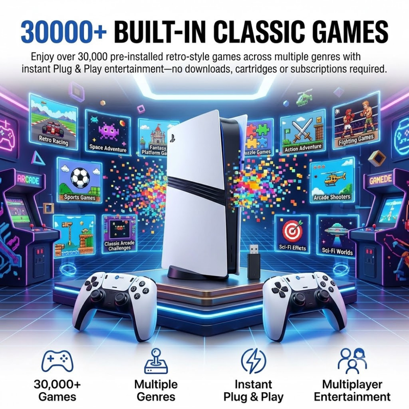 Maizic Smarthome GS5 Pro 4K Retro Gaming Stick | 30000+ Built-in Games | 53 Emulators | Wireless Plug & Play HDMI Console | Includes 2 Wireless Controllers | For TV, PC & Projector