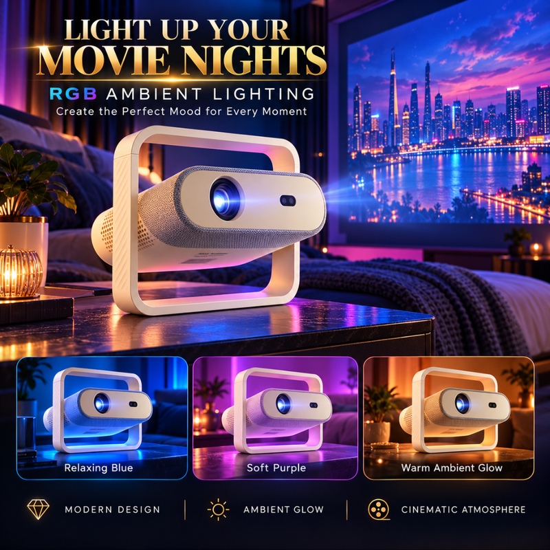 Maizic Smarthome Lumora Gold Smart Projector, Native 1080P, 4K Support, 750 ANSI, Android 14, WiFi 6, Bluetooth, Auto Focus, Auto Keystone, 360° Rotation, Dust-Proof Design, Air Inlet, RGB Light