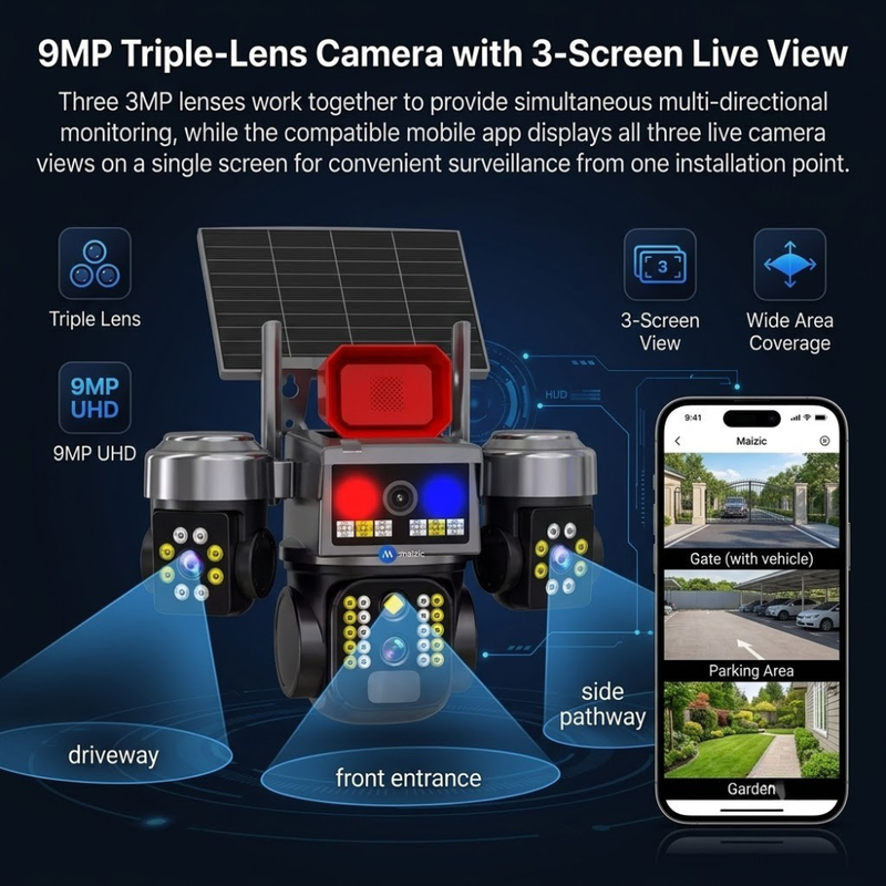 Maizic Smarthome Batman Siren 4G Solar CCTV Camera | 9MP (3×3MP) Triple Lens Outdoor Security Camera | 3-Screen View | AI Human Detection | Color Night Vision | Two-Way Audio | IP67 Waterproof | Remote Mobile Monitoring