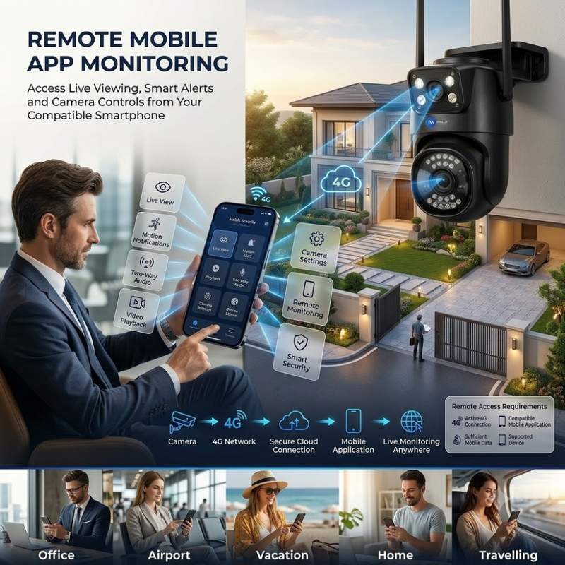 Maizic SmartHomes Mini Supercam Black 4G SIM Outdoor Security Camera | 5MP+5MP Dual Lens | Dual Screen Live View | Free SIM & 1-Month Data Plan | Color Night Vision | AI Motion Detection | Two-Way Audio | Multi-User Access