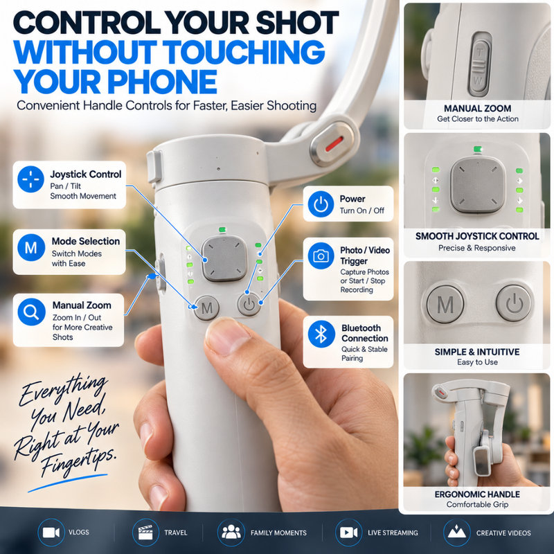 Maizic Smarthome M1 3-Axis Phone Gimbal Stabilizer with Face & Object Tracking, 5-8H Runtime, 2500mAh Battery, Foldable Tripod, Bluetooth, Time-Lapse & Zoom for Vlogging