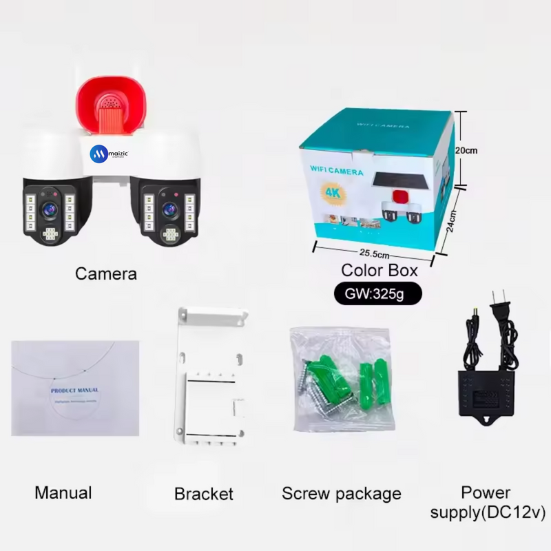 Maizic Smarthome 2in1 2K FHD Siren 1080p Resolution WIFI Wireless Outdoor Camera with Dual Lens | 360° View | Alarm | Motion Detection | Color Night Vision | IP66 Weatherproof | Two Way Audio Support Upto 128 GB SD Card