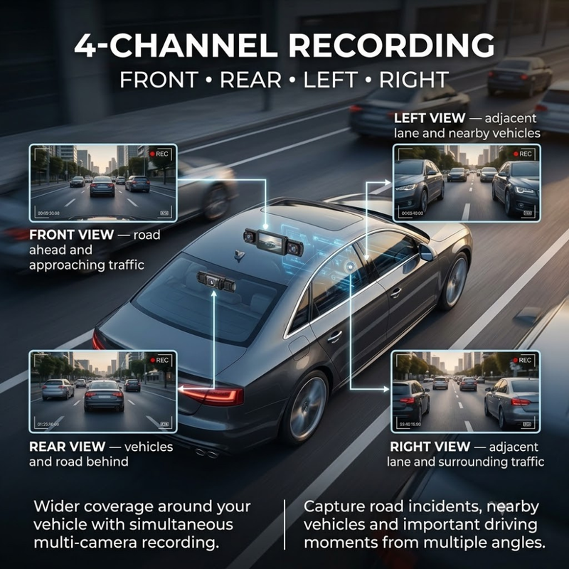 Maizic Smarthome Drive Cam Q1 4 Channel 1080P*4 Dash Camera for Car, Front Rear Left Right Recording, WiFi, WDR Night Vision, G-Sensor, Loop Recording, Parking Monitor, Wide Angle Car DVR
