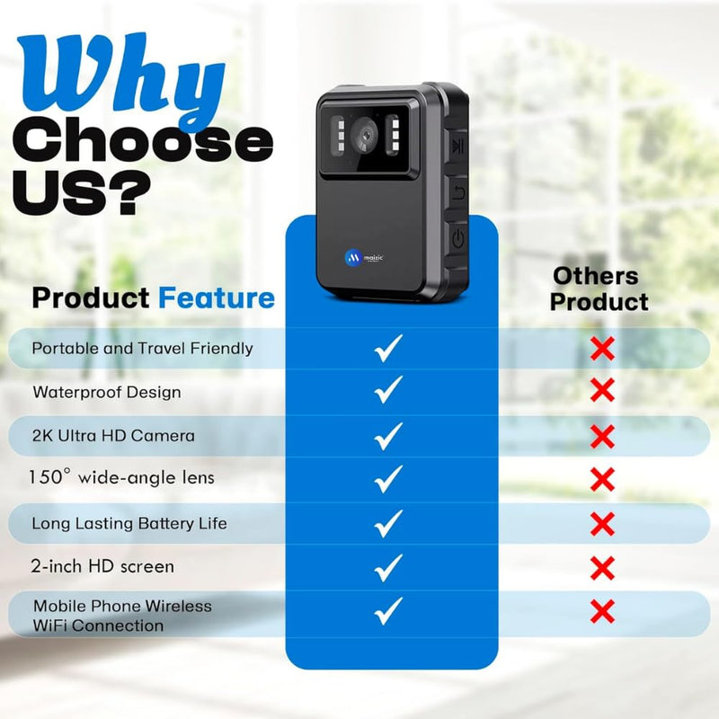 Maizic smarthome 2K Body Camera – Night Vision, 150° Wide Angle, Waterproof – Clip-On Security Cam for Law Enforcement & Outdoor Use