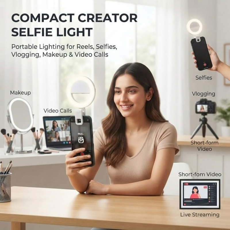 Maizic Smarthome Creator Selfie Light for Mobile | 32 LED Portable Rechargeable Fill Light with 3 Brightness Levels, 2700K–6500K, Built-in Mirror, 750mAh Battery | Reels, Vlogging, Selfies & Makeup