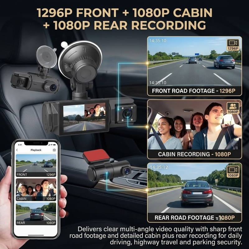 Maizic Smarthome Triplex WiFi Car Dash Cam | 3-Channel Front, Cabin & Rear Camera | 1296P Front + Dual 1080P Recording | G-Sensor | IR Night Vision | Loop Recording | 24H Parking Monitor