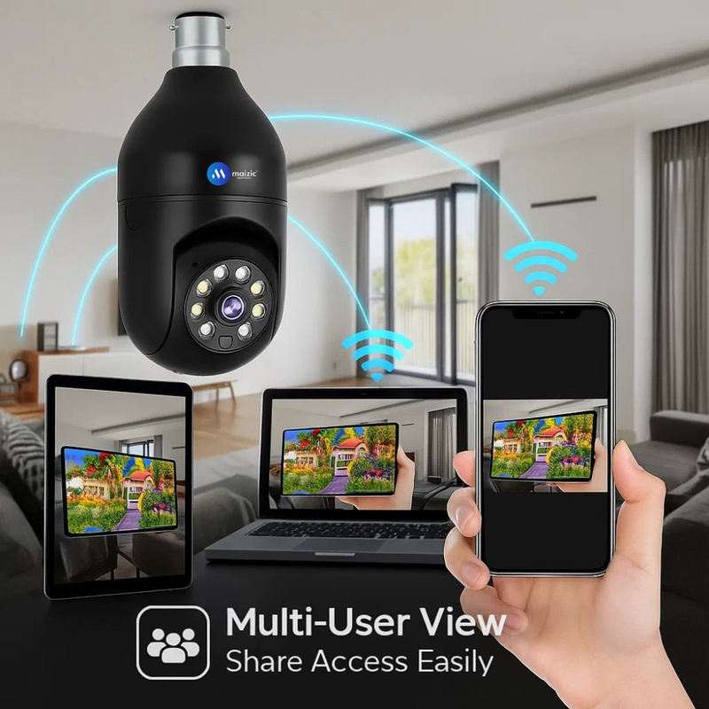 Maizic Smarthome Black Bulb Holder 3MP HD Wi-Fi CCTV Camera | Indoor Security PTZ with Color Night Vision, Two-Way Audio & Siren