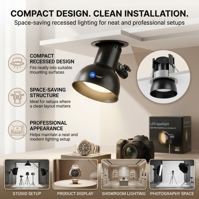 Maizic Smarthome Adjustable LED Recessed Spotlight, Flexible Mini Photography Light for Studio, Video Recording, Product Shoots & Display Lighting
