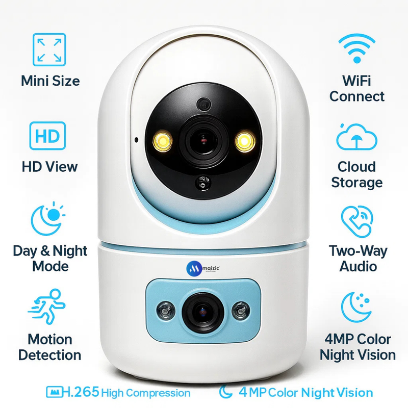 Maizic Smarthome Pikacam 4MP UHD Indoor WiFi PTZ Camera | 2-Lens/Screen View 360° Rotation | Color Night Vision | AI Motion Detection | Two-Way Audio | V380 Pro App | Supports 128GB SD & Cloud