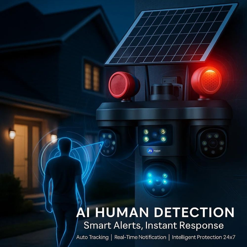 Maizic Smarthome TRIGENIE Siren Wi-Fi Solar Black 5MP×3 FHD Triple Lens AI PTZ Outdoor Security Camera | 360° Pan View | Color Night Vision | Human Detection | 2-Way Audio | IP66 Waterproof