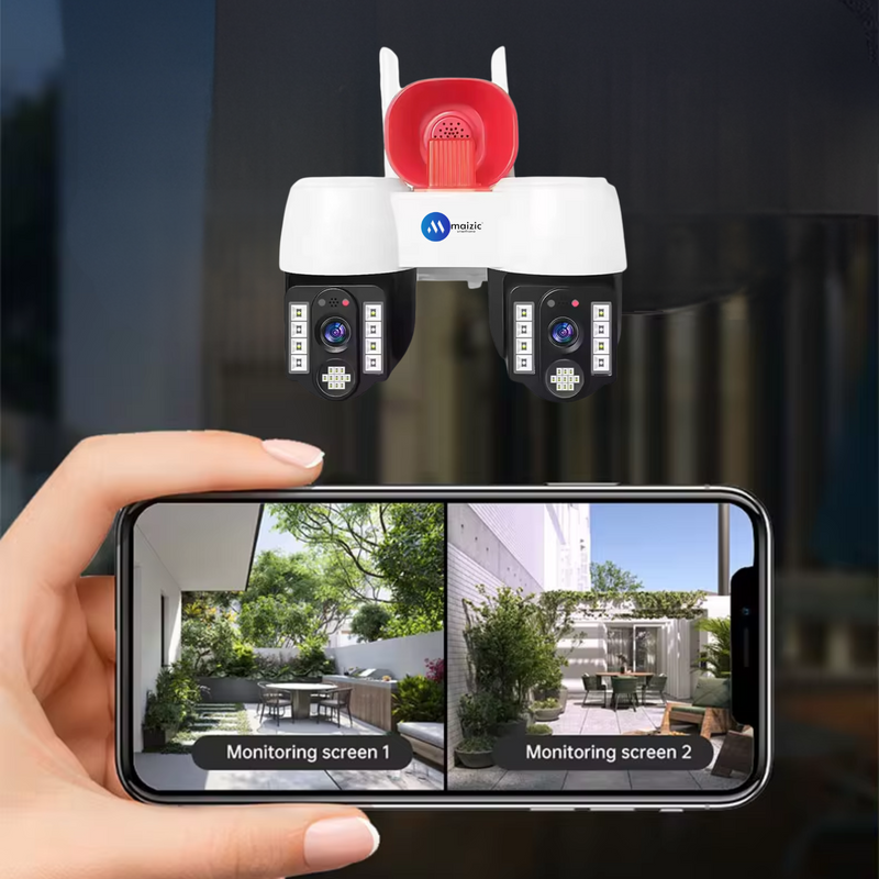 Maizic Smarthome 2in1 2K FHD Siren 1080p Resolution WIFI Wireless Outdoor Camera with Dual Lens | 360° View | Alarm | Motion Detection | Color Night Vision | IP66 Weatherproof | Two Way Audio Support Upto 128 GB SD Card
