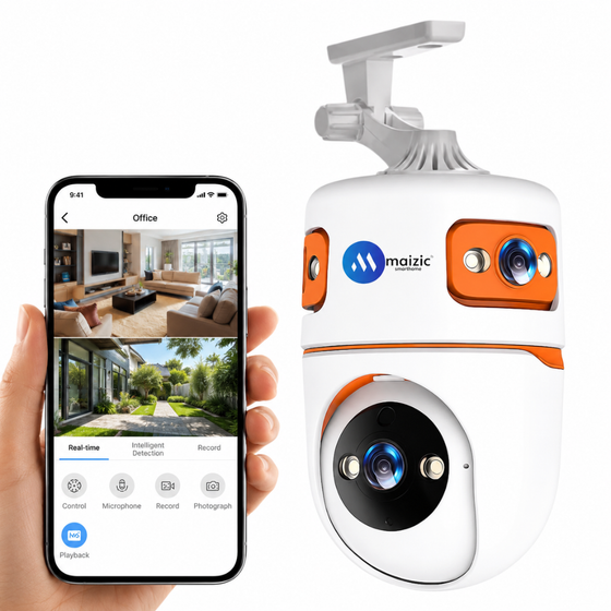 Maizic Smarthome TRIGENIE 15MP (5MP×3) WiFi Indoor CCTV Camera | Triple Lens Triple Screen Security Camera | AI Motion & Human Detection | Full Color Night Vision | Two-Way Audio | Mobile App Remote Access | Supports 128GB microSD