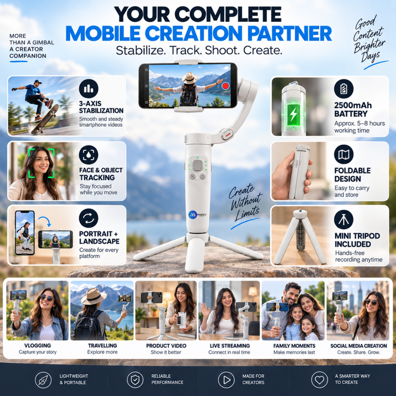 Maizic Smarthome M1 3-Axis Phone Gimbal Stabilizer with Face & Object Tracking, 5-8H Runtime, 2500mAh Battery, Foldable Tripod, Bluetooth, Time-Lapse & Zoom for Vlogging