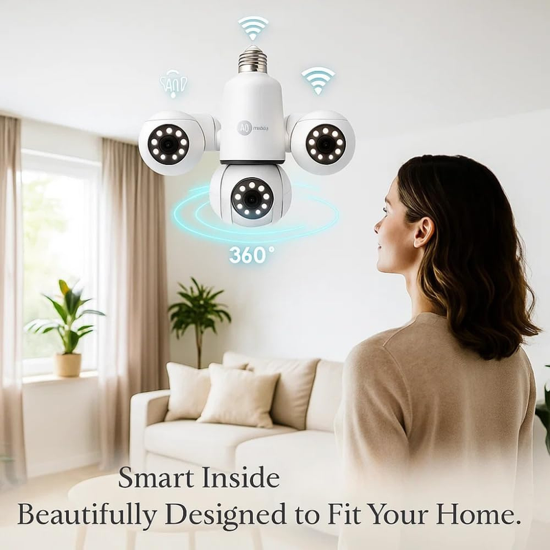 Maizic Smarthome Trion Bulb 5+5+5MP FHD Triple Lens WiFi CCTV Camera | Manual Side Rotation | 360° View | Color Night Vision | AI Human Detection | Two-Way Audio | Indoor Security | TF Card Support