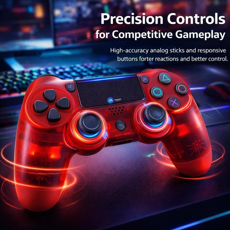 Maizic Smarthome Funnetic P4 Wireless Gaming Controller, Transparent Red Gamepad with Dual Vibration Motors, Touch Pad, 800mAh Battery, 3.5mm Headset Jack & Plug-and-Play Support – Compatible with P3, P4, Windows PC & Android