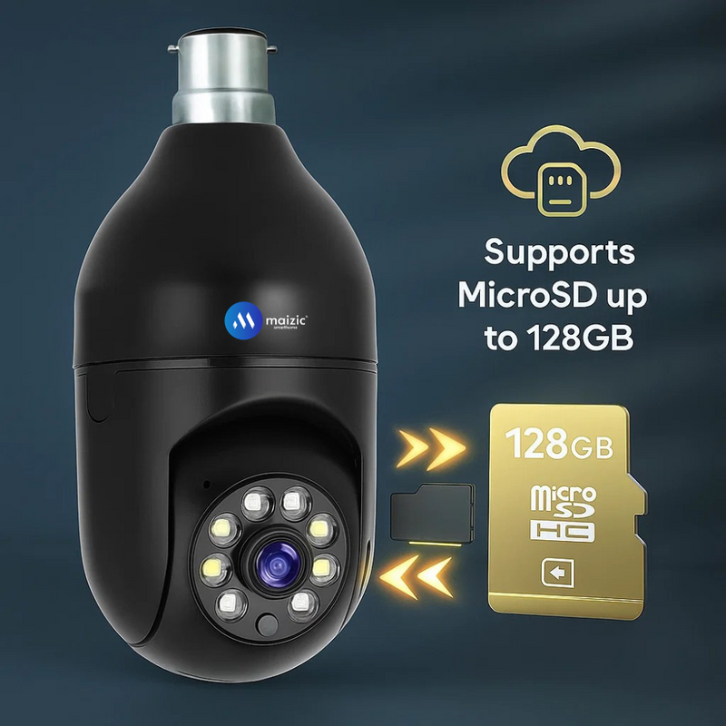 Maizic Smarthome Black Bulb Holder 3MP HD Wi-Fi CCTV Camera | Indoor Security PTZ with Color Night Vision, Two-Way Audio & Siren