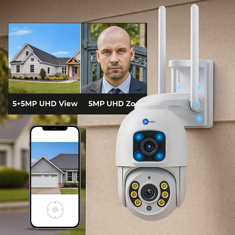 Maizic Smarthome SuperCam Dragonfly 5+5MP UHD Dual Lens/Screen WiFi Outdoor CCTV Camera for Home | Color Night Vision | Human Detection | Two-Way Audio | IP66 Waterproof Security Camera