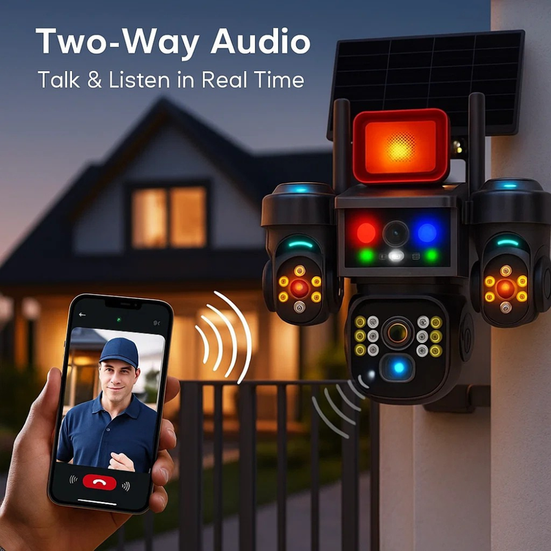 Renewed Maizic Smarthome Batman Siren 4G Solar Triple Lens CCTV Camera | 3×3MP UHD | Outdoor Security | Manual Side Rotation | Color Night Vision | Human Detection | Two-Way Audio | IP67 Waterproof