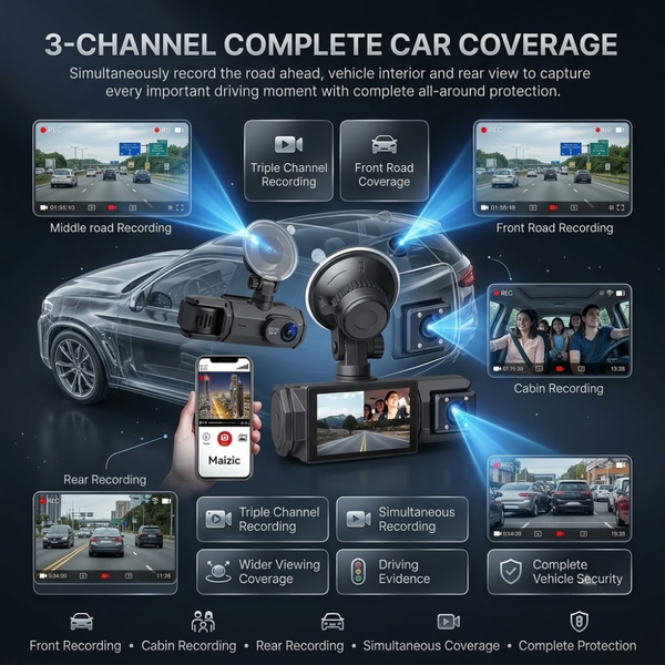 Maizic Smarthome Triplex WiFi Car Dash Cam | 3-Channel Front, Cabin & Rear Camera | 1296P Front + Dual 1080P Recording | G-Sensor | IR Night Vision | Loop Recording | 24H Parking Monitor