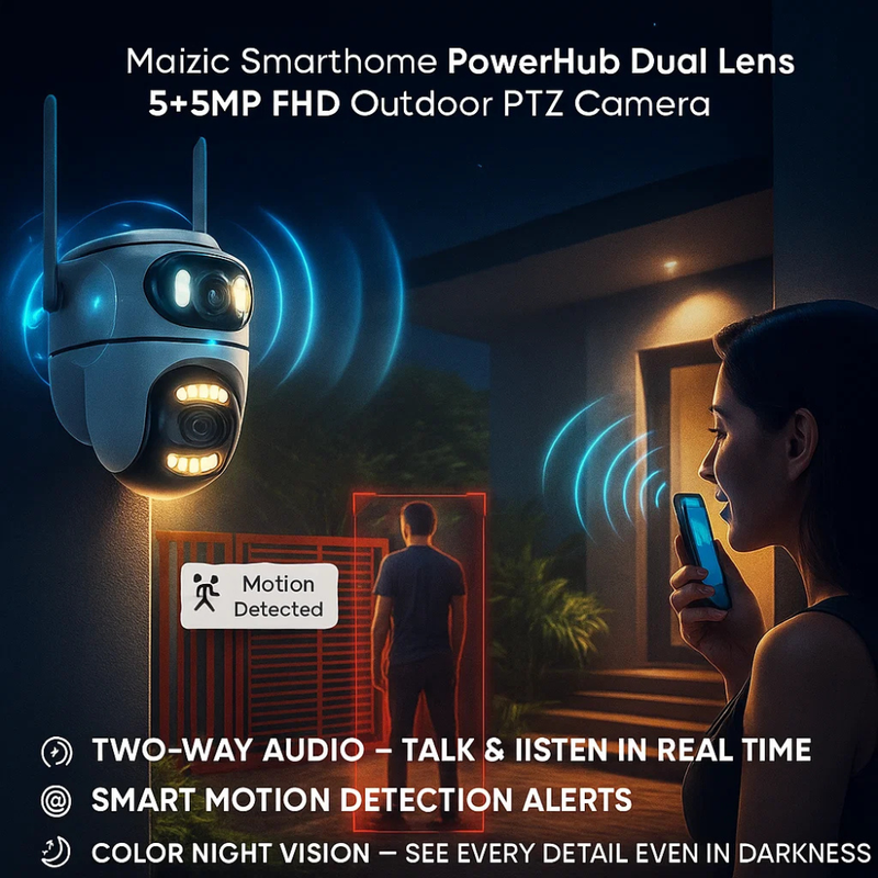 Maizic Smarthome PowerHub 5MP+5MP Dual Lens Wireless CCTV NVR Kit | Auto-Pair 10-Channel System | Dual Lens PTZ Cameras | 100M Long-Range WiFi | ONVIF Compatible | Full-Color Night Vision | 2-Way Audio | App Live View