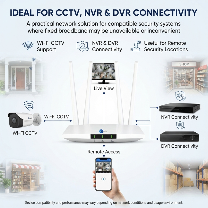 Maizic Smarthome 5G/4G CPE SIM WiFi Router with 4 Antennas, 300Mbps Speed, Rechargeable Built-in Battery, Up to 32 Users, 250m Coverage, Plug & Play Router for NVR, DVR, WiFi CCTV, Home & Office