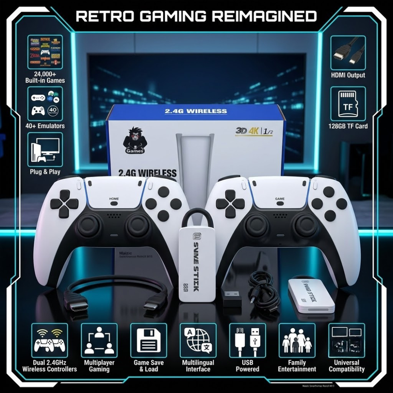 Maizic Smarthomes M15 Retro Game Console Stick | 24,000+ Built-in Games | 4K HDMI TV Gaming Console | 128GB TF Card | Dual 2.4G Wireless Controllers | Plug & Play | Multiplayer Classic Arcade Gaming System