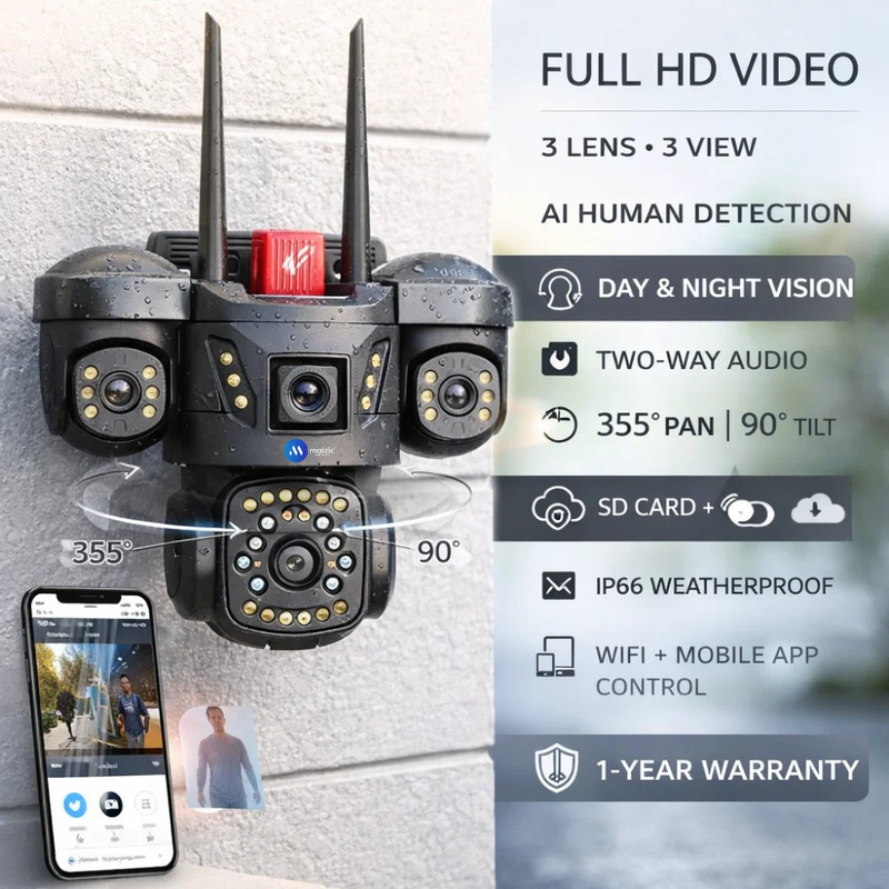 Maizic Smarthome Trion 5MP*3 wifi CCTV Camera for Home Outdoor | Triple Lens Camera Without WiFi | Color Night Vision, Pan Tilt, Motion Alerts | Outdoor Security Camera