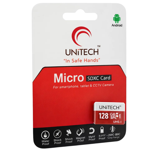 UNiTECH 128GB MicroSD Card – UHS-I SDXC with Adapter | High-Speed, Full HD, Waterproof, Shockproof | For Smartphones, Tablets, CCTV & Action Cams