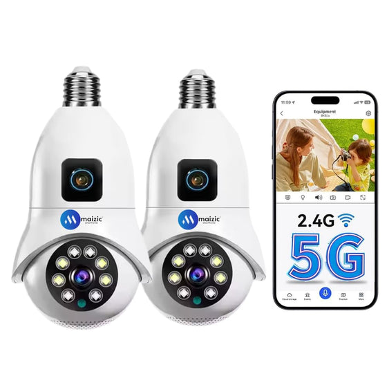 Maizic Smarthome Supercam Pro Dual Lens | 3+3MP Wi-Fi Bulb CCTV Camera (Pack of 2) with 360° View, Dual Screen, Motion Tracking, Color Night Vision, Two-Way Talk | B22 & E27 Holder Compatible